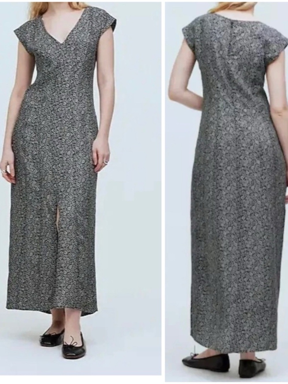 Madewell Size 4 Cap-Sleeve V-Neck Midi Dress in Floral Cupro-Blend Black NWT